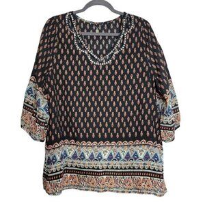 BKE Boutique Indian Printed Rhinestone embellished Boho Blouse Black sz M